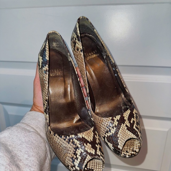 Stuart Weitzman Snakeskin Peep Toe Pumps Leather Stiletto Heels - Picture 2 of 9
